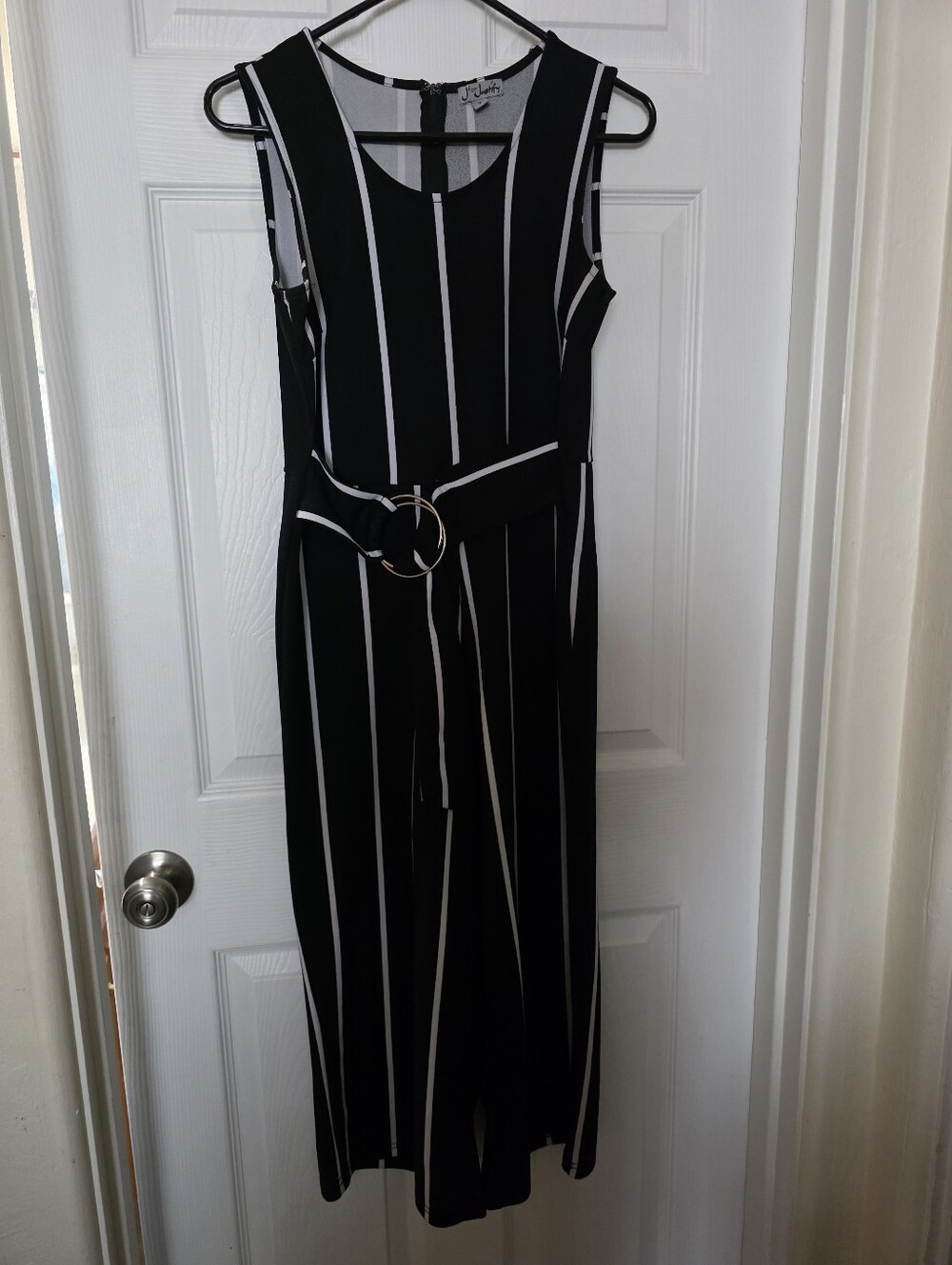 Sleeveless Black and White Vertical Stripe Jumper with Belt